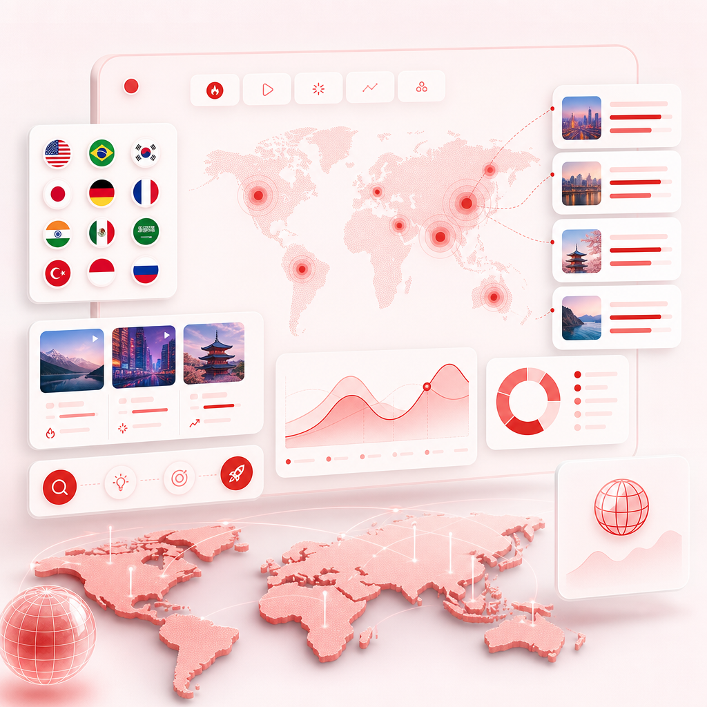Global SaaS dashboard illustration for discovering video ideas across languages and regions