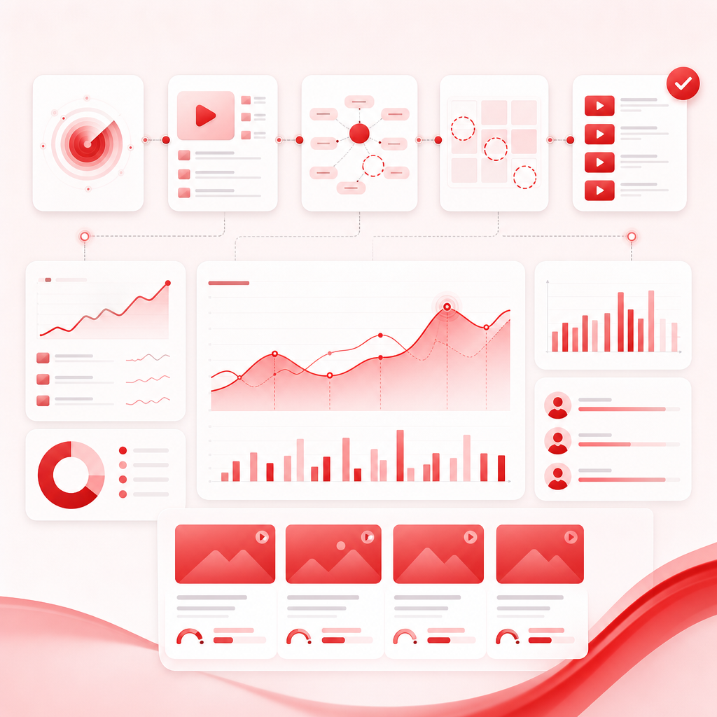 Dashboard workflow illustration showing trend scanning, keyword discovery, content gaps, and video idea planning