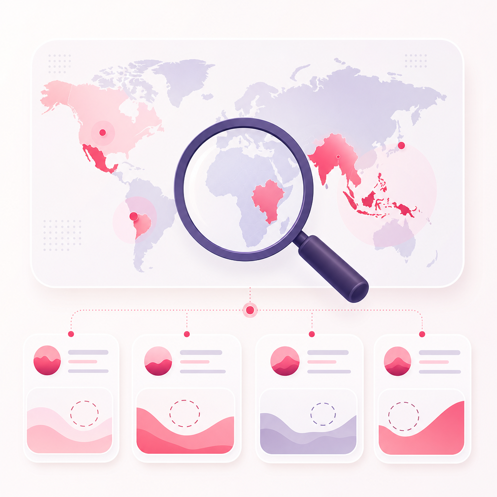 Illustration representing international content gap discovery using real-time scanning across regions and languages.