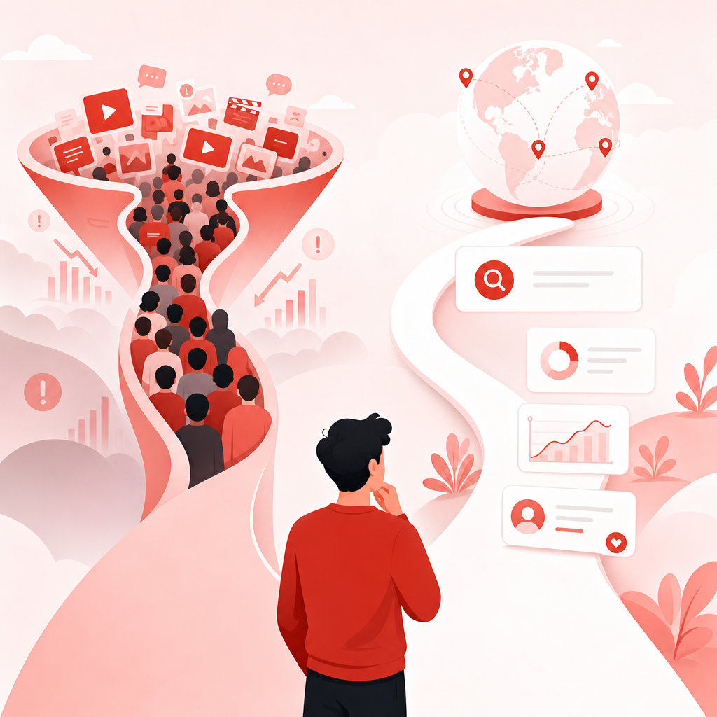 Illustration representing why creators run out of ideas due to blind brainstorming, saturated topics, and missing international optimization.