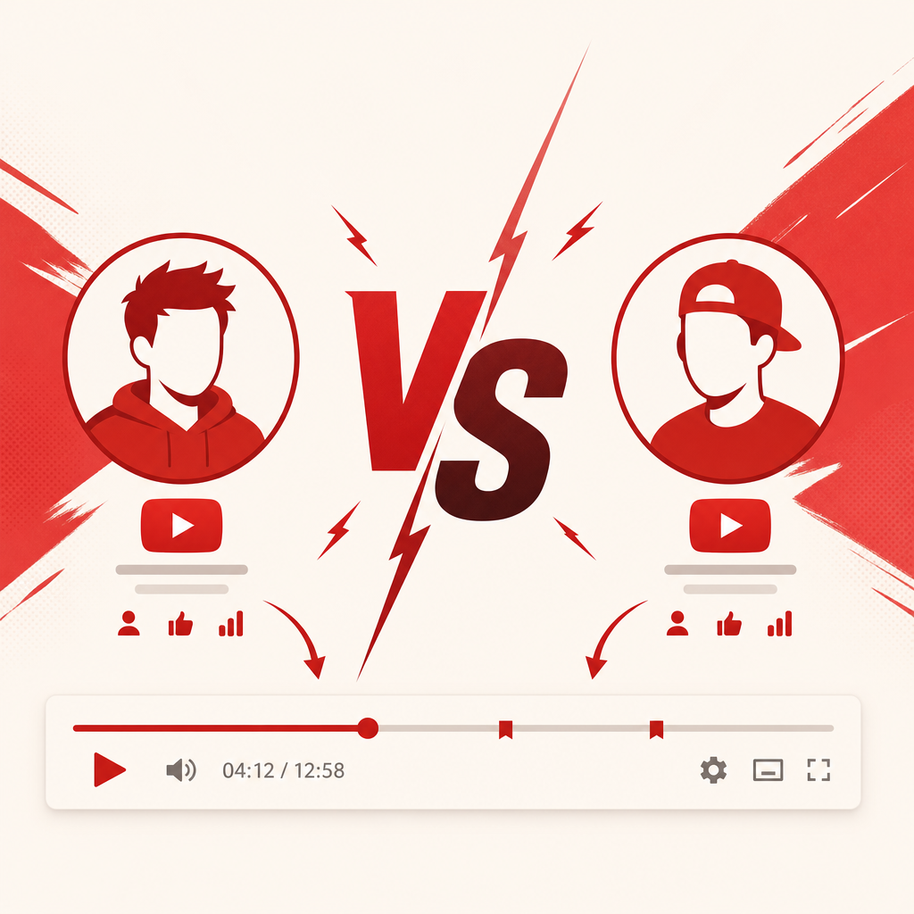 Illustration showing Heated Rivalry tension between two sides with a video timeline motif in the Gaptube palette.