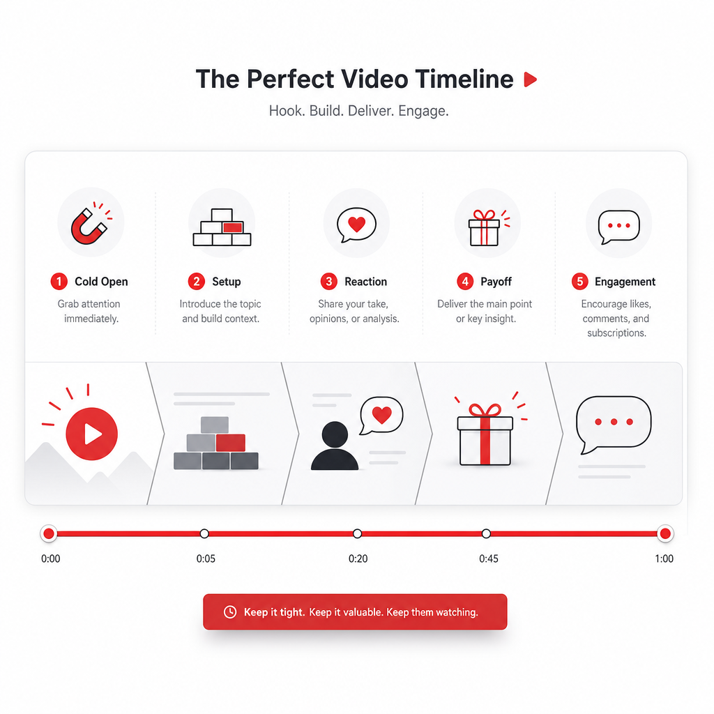 Illustration of a reaction video timeline broken into cold open, setup, anchors, payoff, and engagement segments.