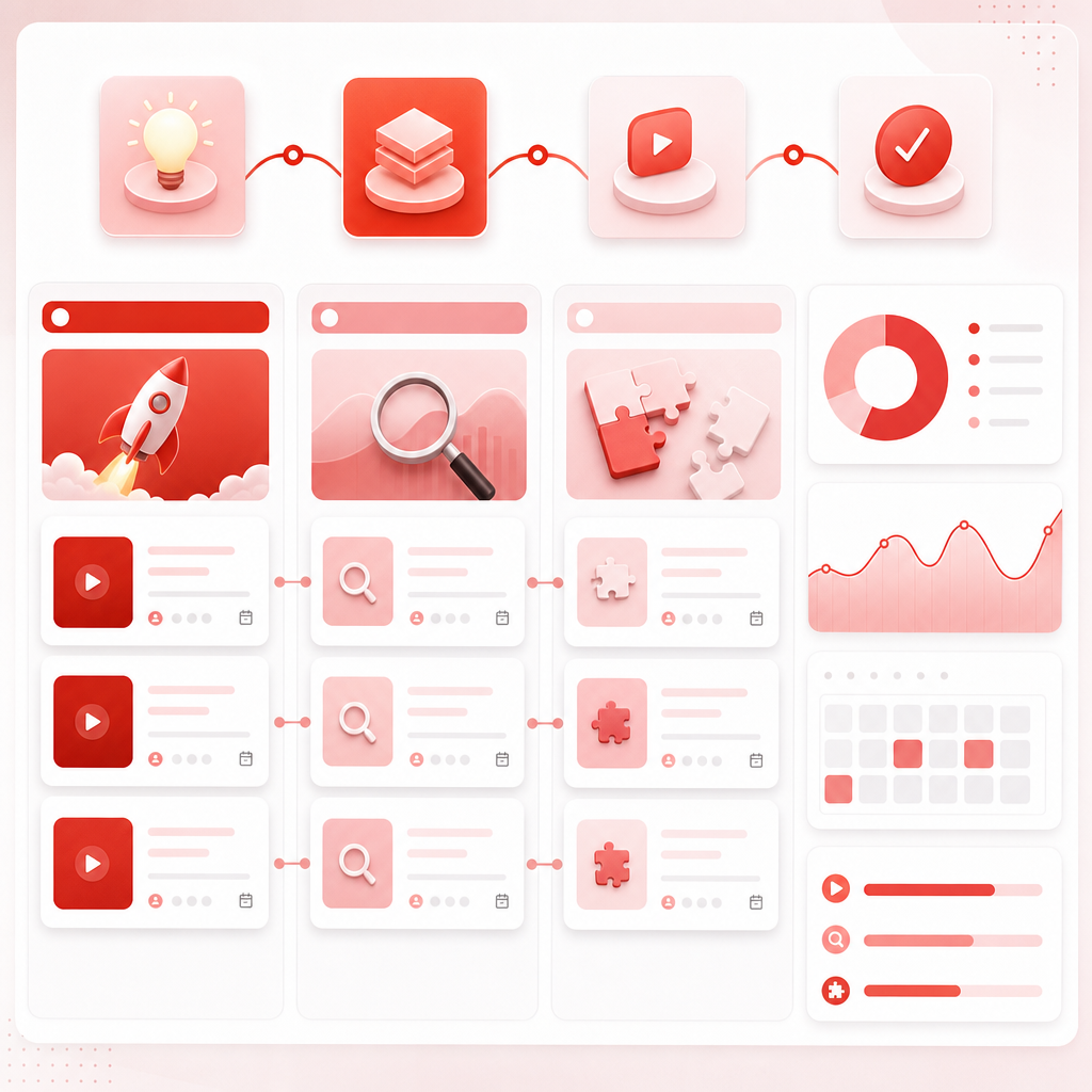 Abstract dashboard illustration showing a three-lane YouTube topic planning workflow.