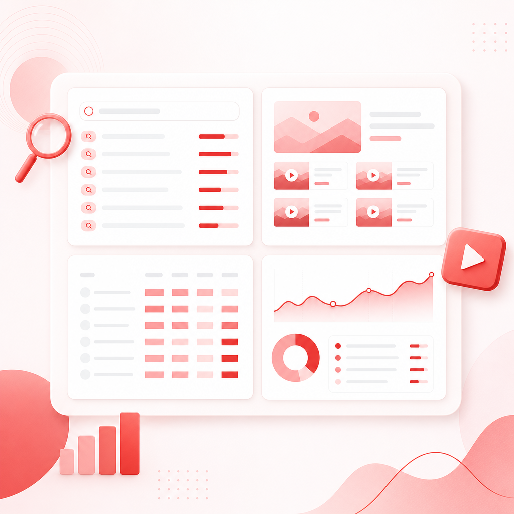 Modern dashboard illustration depicting free YouTube research inputs as organized modules.