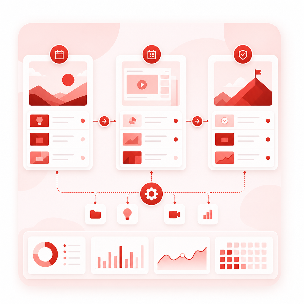 Abstract dashboard illustration showing a weekly content workflow for consistent YouTube posting.