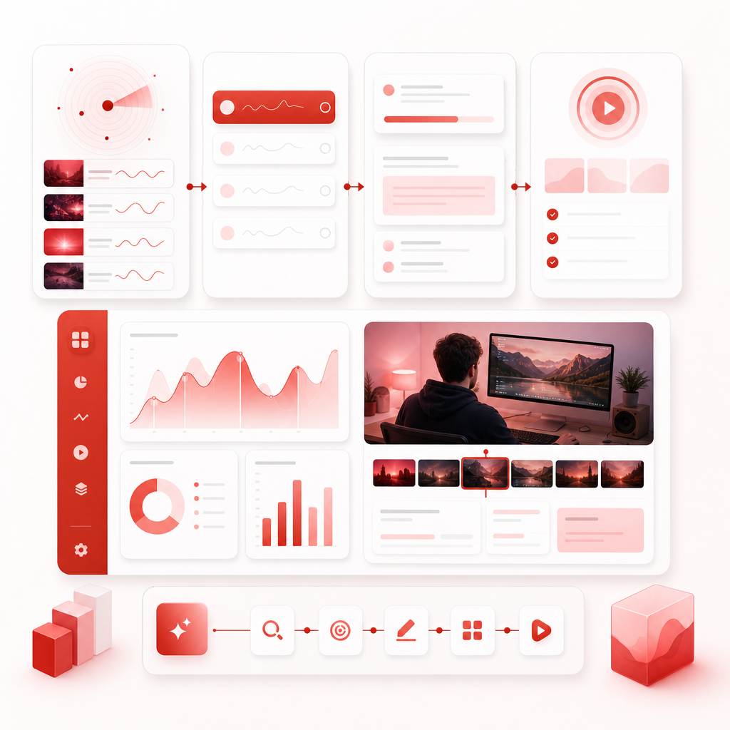 SaaS workflow illustration showing trend opportunities becoming video strategy, hooks, and production planning.