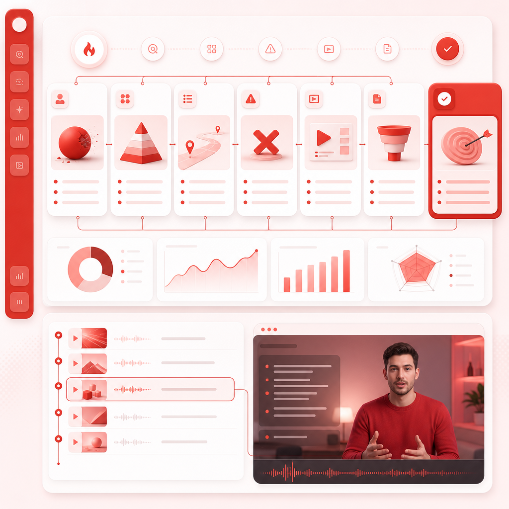 Dashboard illustration showing a trend idea transformed into a structured long-form video plan and script workflow.