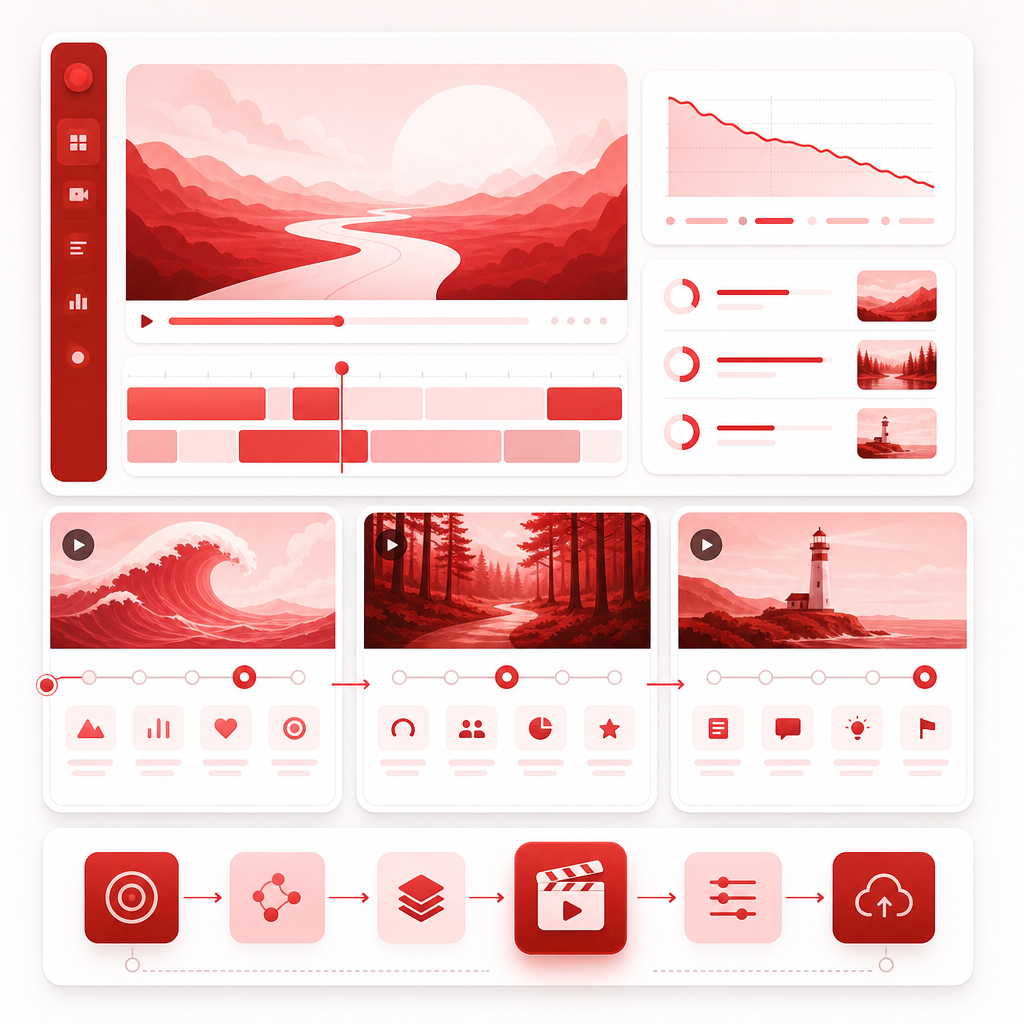 Dashboard-style illustration showing long-form video planning timelines, chapter cards, and pacing analytics.