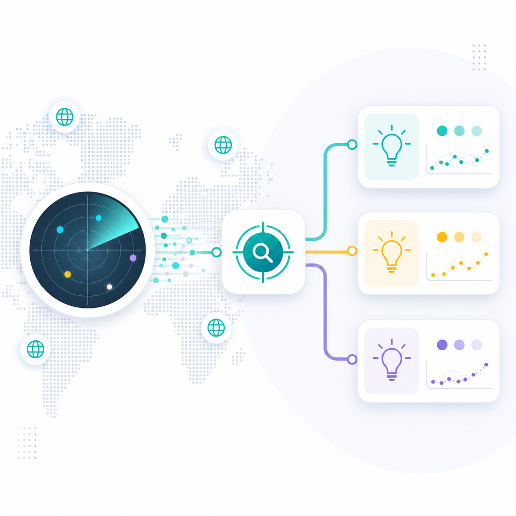 Illustration of an automated pipeline converting content gaps into ready-to-create YouTube video ideas.