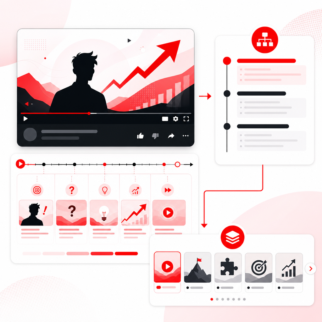 Illustration concept of matching video titles to audience intent and structuring a viral opening with a timeline and outline modules.
