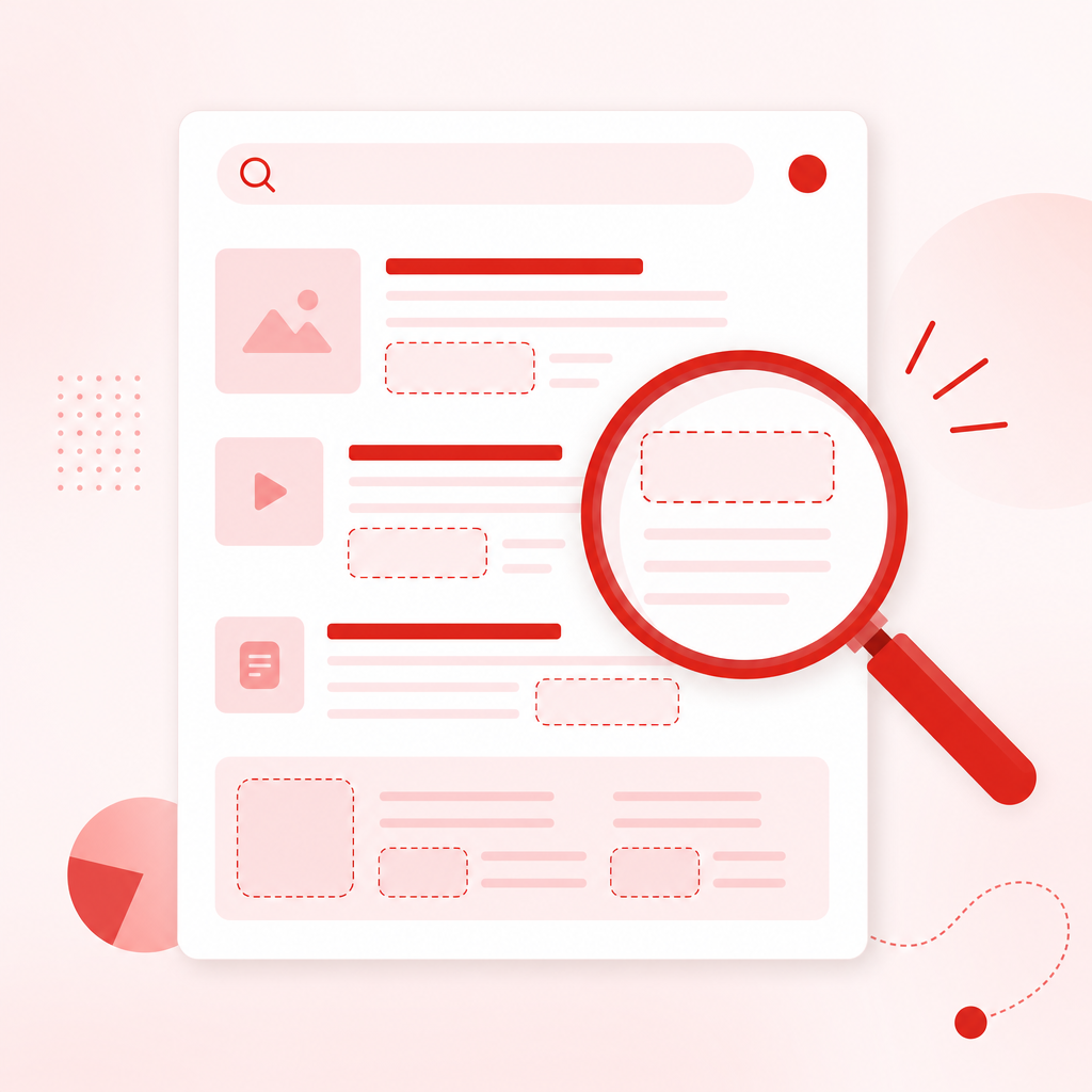 Illustration showing a content gap on YouTube search results with a magnifying glass and missing coverage areas.