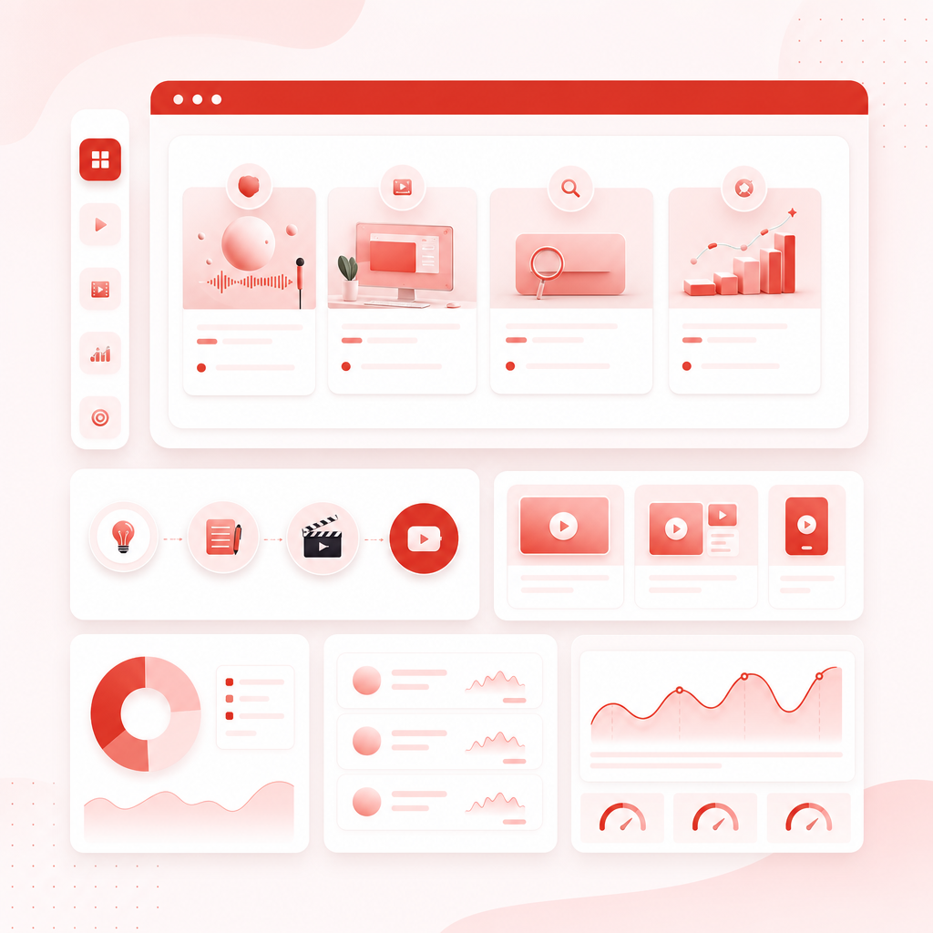 Content planning dashboard illustration with YouTube video idea cards and SEO opportunity panels
