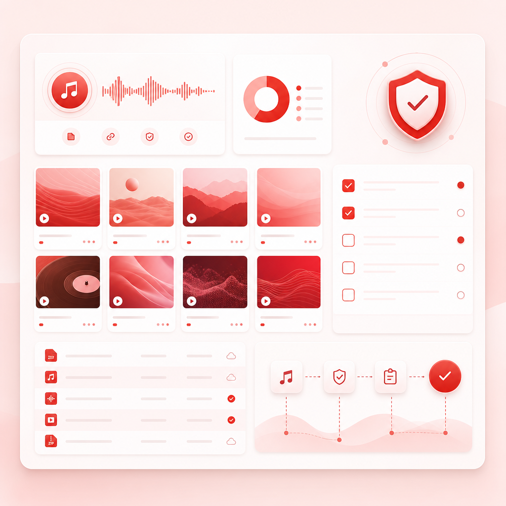 Creator music licensing workflow dashboard illustration with organized license cards and checklist panels