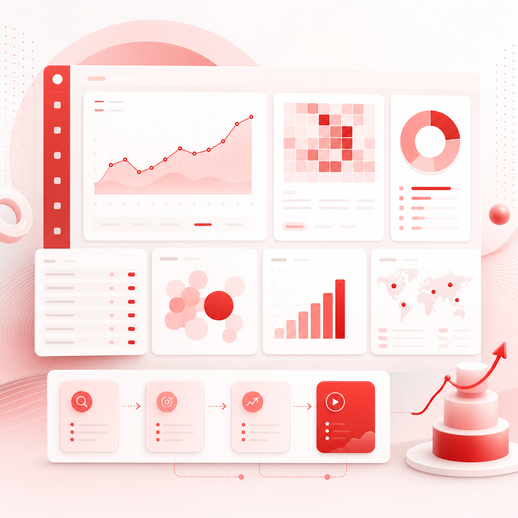 SaaS dashboard illustration showing content gap research and trend analysis for YouTube ideas