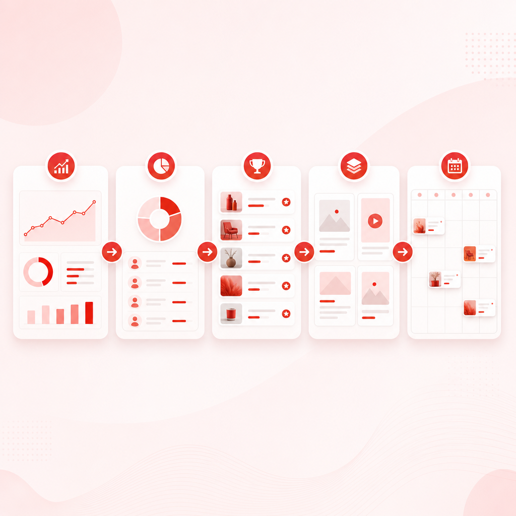 Illustration concept for a step-by-step analytics workflow inspired by a YouTube developer dashboard approach.