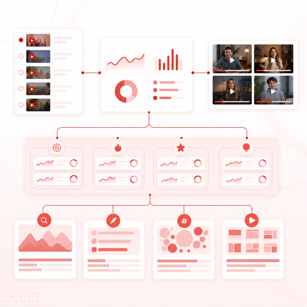 Workflow illustration showing channel videos becoming actionable insights.