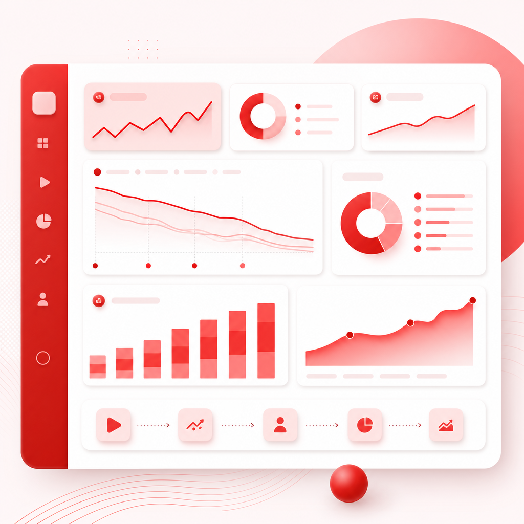Clean dashboard-style illustration showing video analytics signals like CTR, retention, traffic sources, and growth momentum.