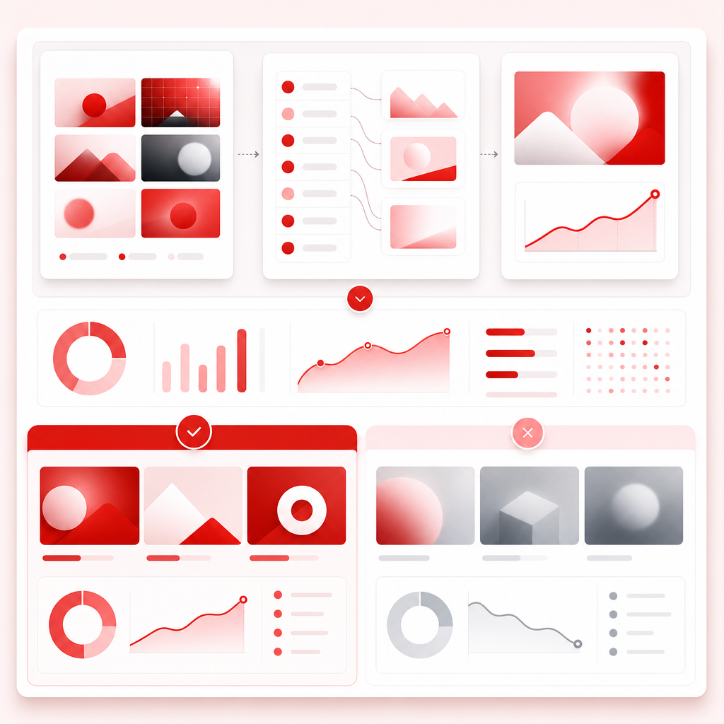 Modern illustration for thumbnail and title CTR packaging optimization with comparison-style analytics panels.