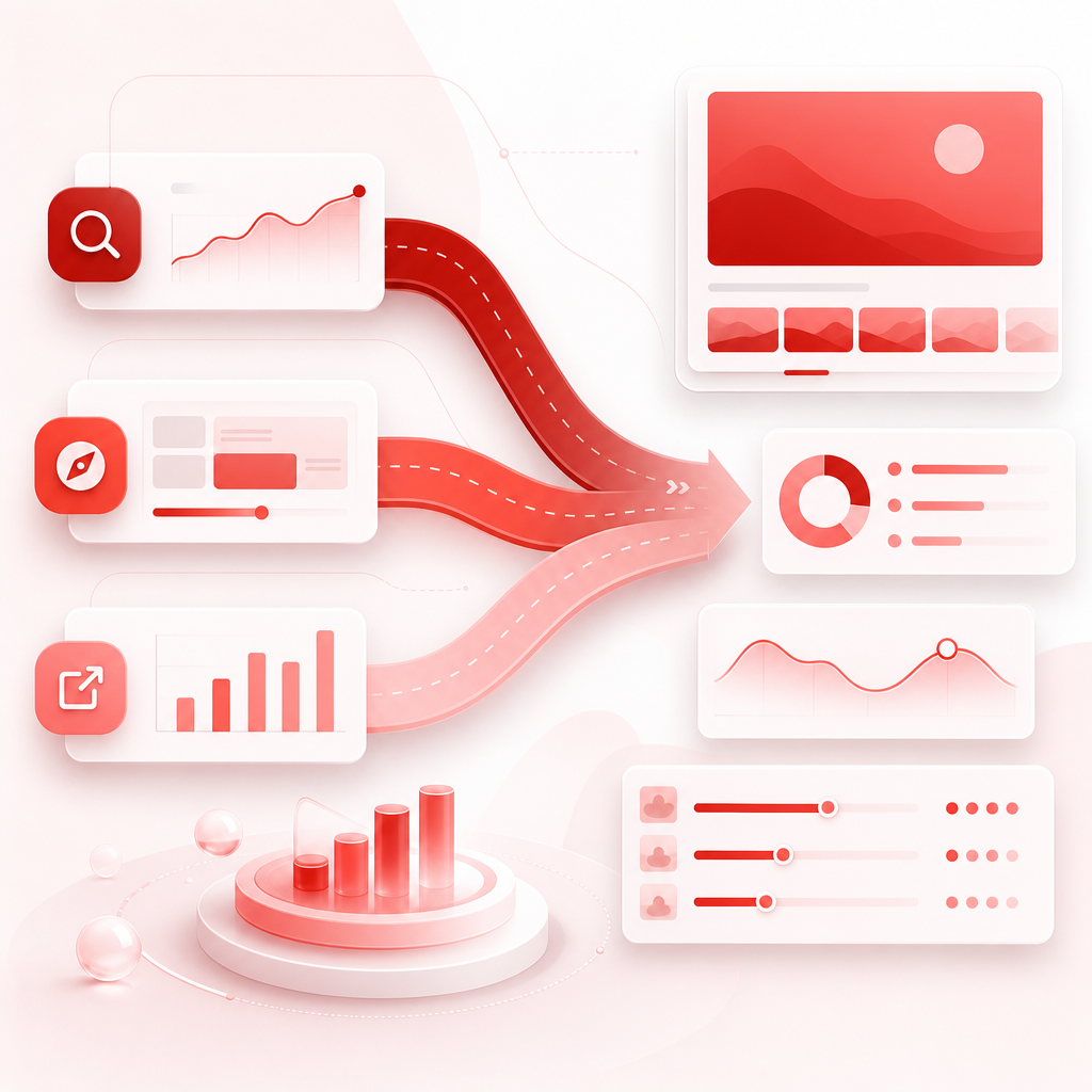 Clean abstract illustration showing traffic source paths and intent-alignment planning for future uploads.