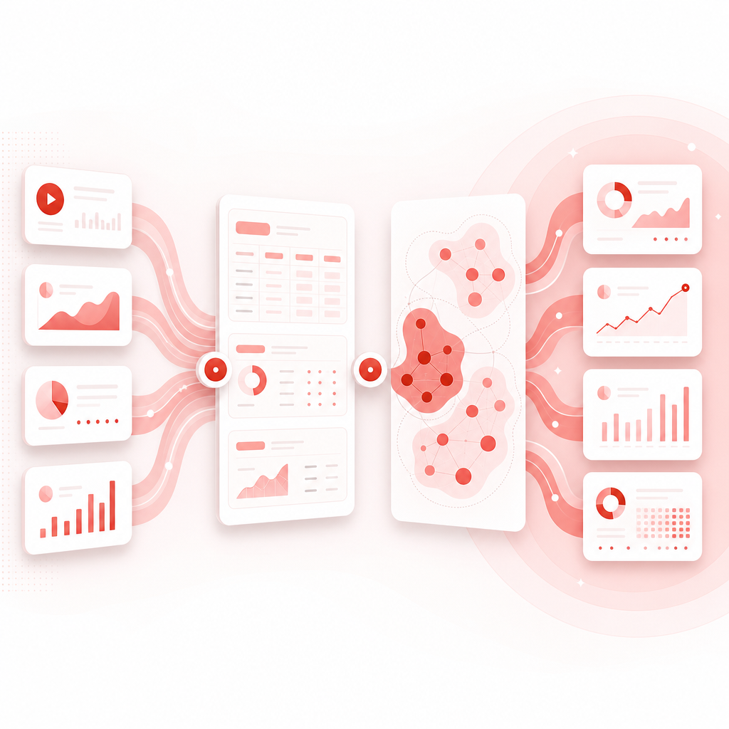 Abstract analytics-to-topical-analysis workflow dashboard illustration