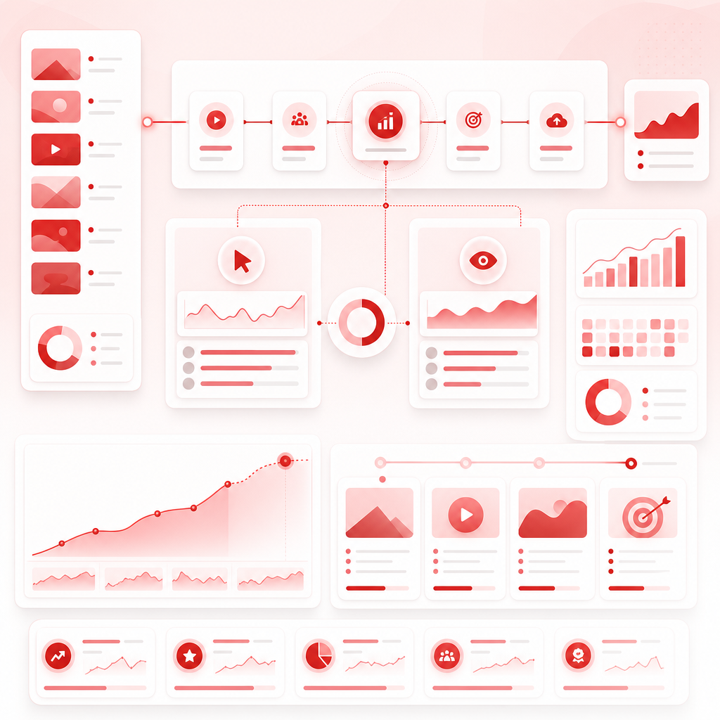 Workflow dashboard showing view drivers, click performance, watch performance, and a repeatable content strategy