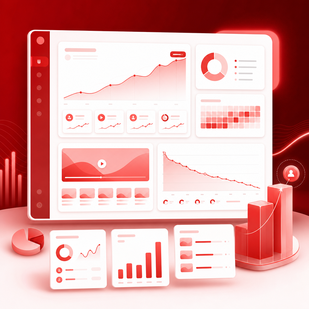 Premium subscriber growth analytics interface showing conversion patterns, retention panels, and video performance cards