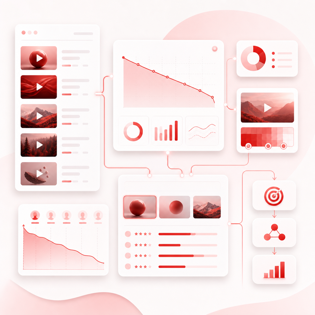 Dashboard-style illustration of connected video analytics signals turning into content decisions
