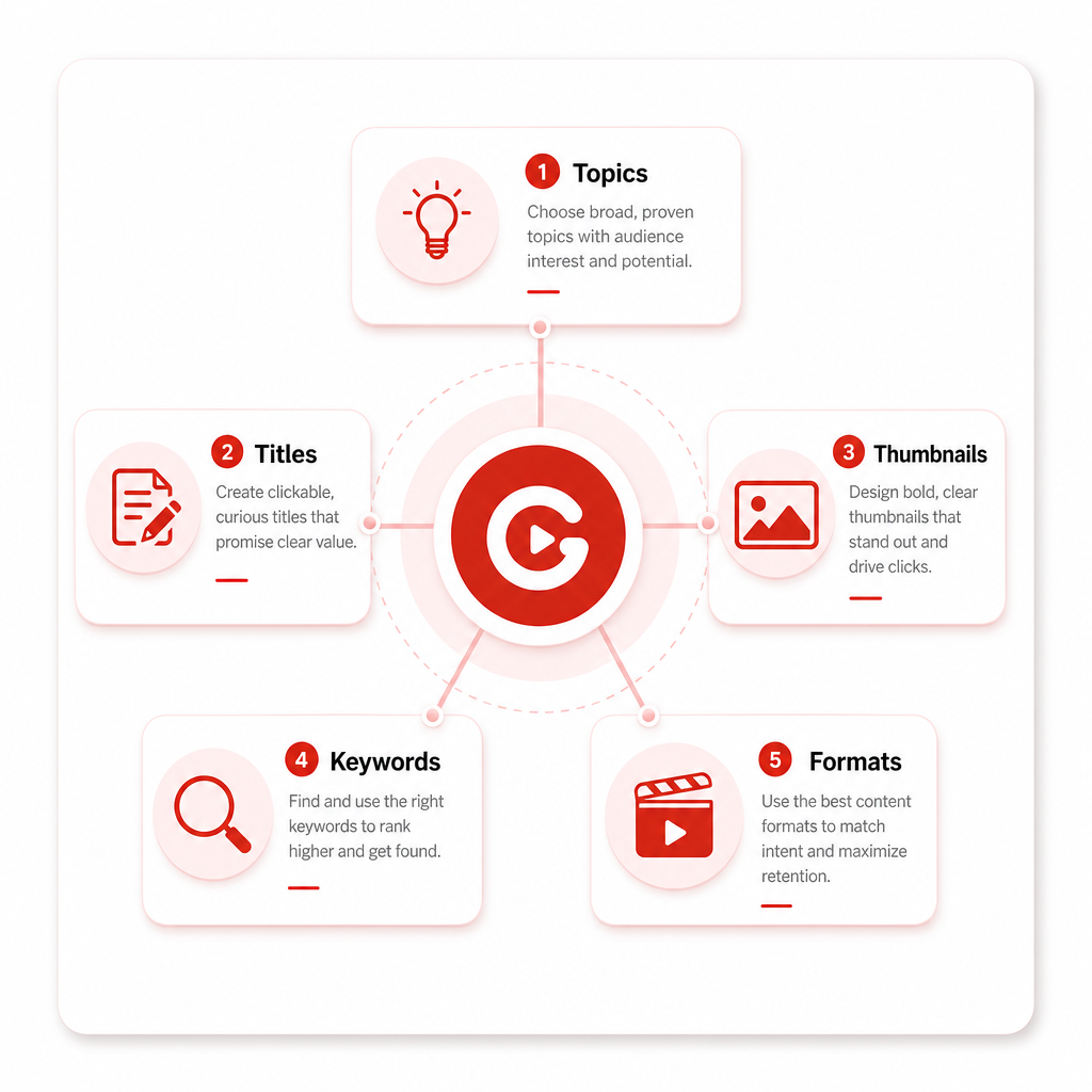 Illustration showing the winning pattern framework with connected nodes for topics, titles, thumbnails, keywords, and formats.