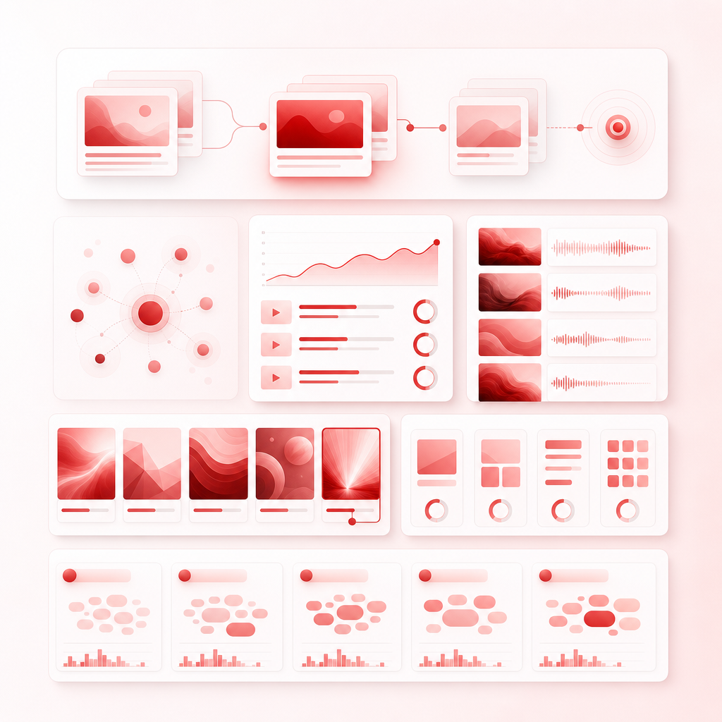 Dashboard illustration showing repeatable winning patterns across topics, titles, thumbnails, formats, and keywords