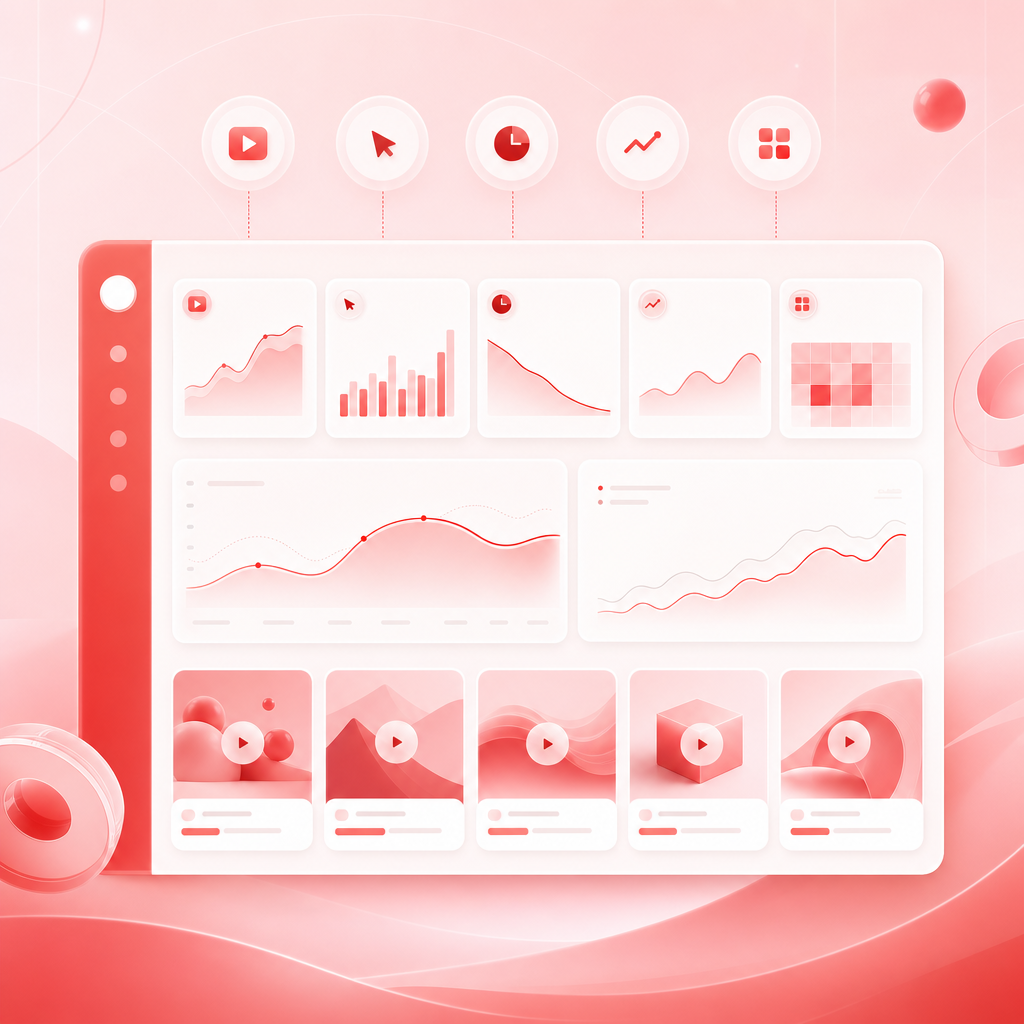 Premium analytics dashboard showing YouTube performance patterns across views, clicks, retention, growth signals, and content themes