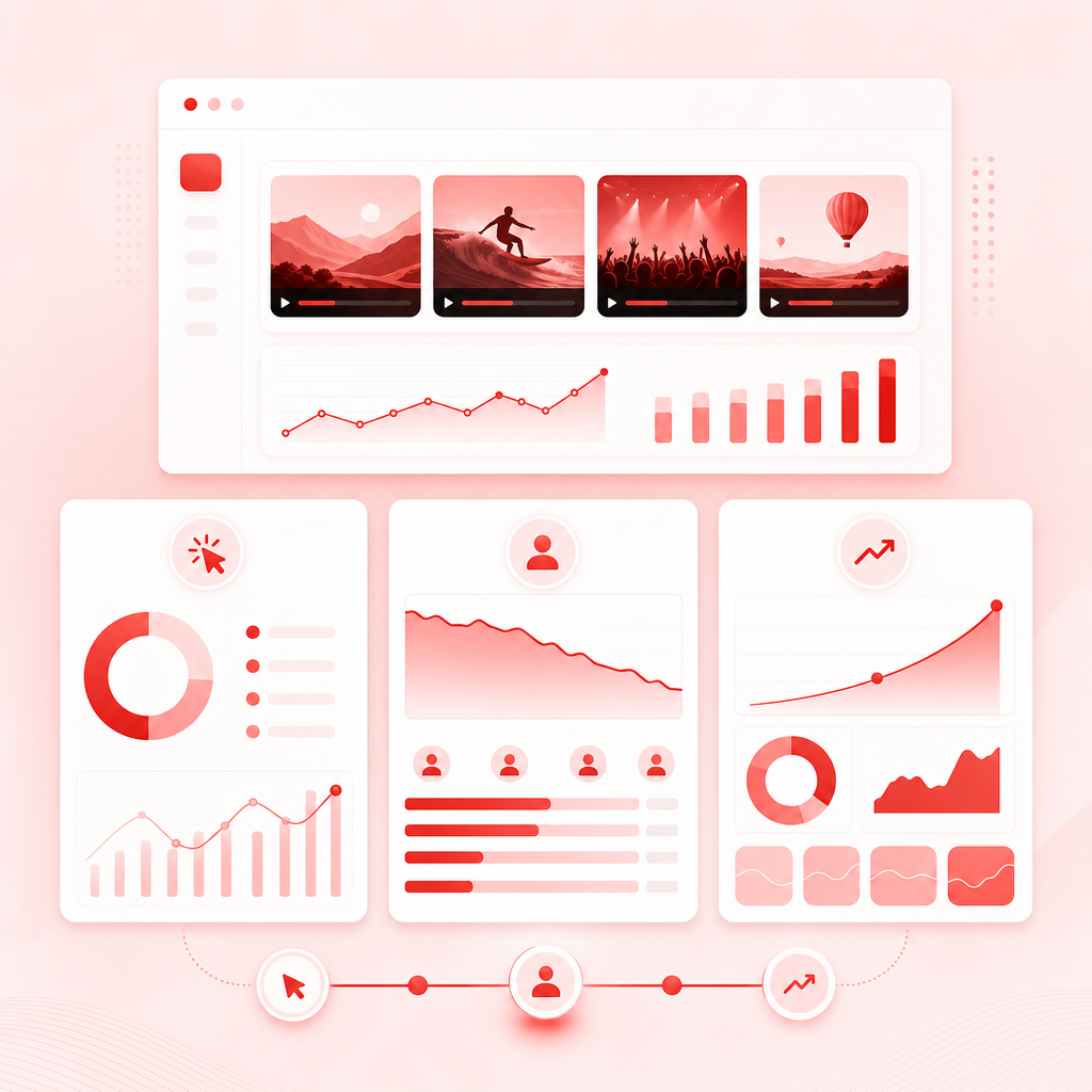 Illustration of a SaaS dashboard analyzing clicks, retention, and growth for video performance