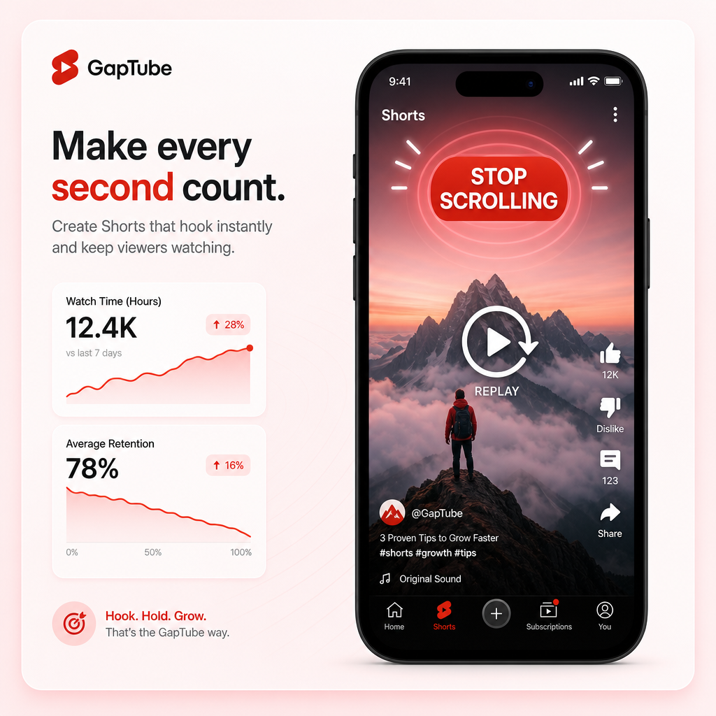 Illustration representing YouTube Shorts data with a strong hook pulse and watch-time retention indicators.
