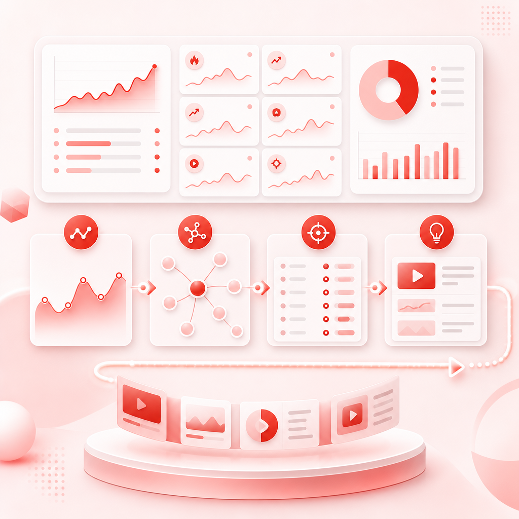 Dashboard illustration of a daily YouTube video idea workflow with trend signals, keyword clusters, and content gap cards.