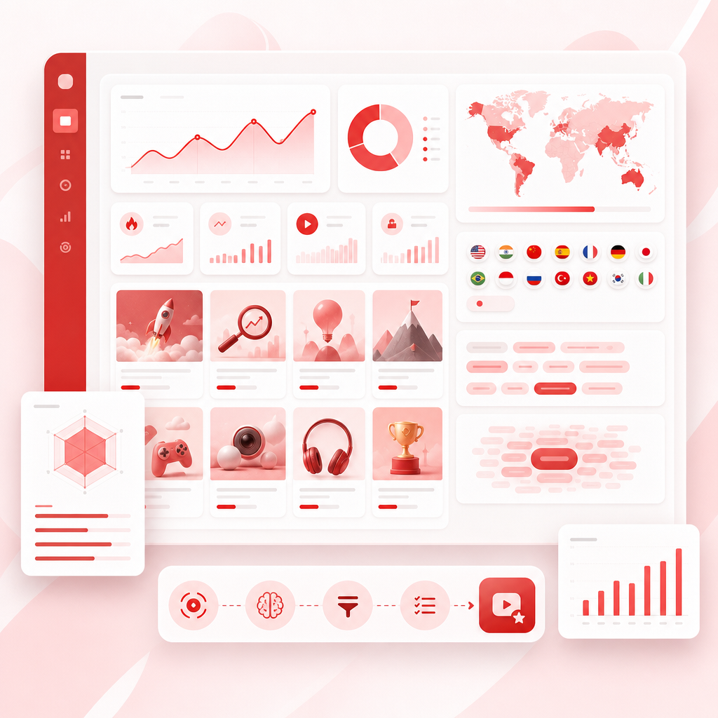 SaaS dashboard illustration showing automated YouTube research, opportunity cards, and keyword suggestion panels.
