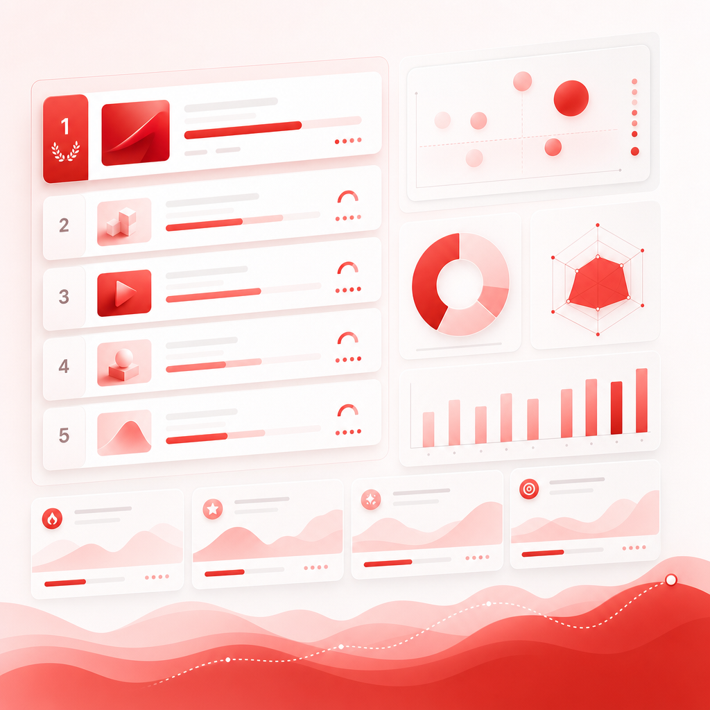 Dashboard illustration of a niche leaderboard showing competitive landscape cards and content opportunity gaps.