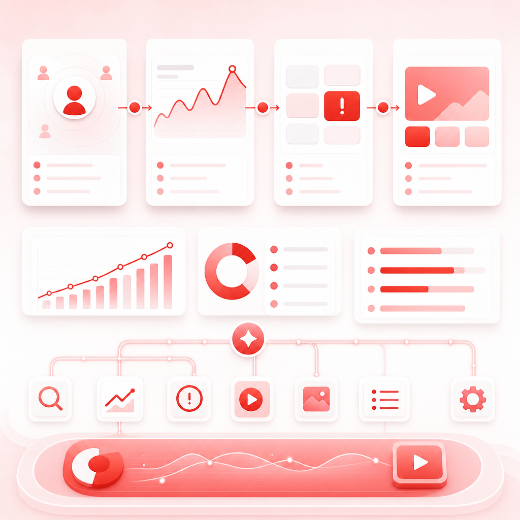 Workflow dashboard illustration for turning niche research into YouTube video ideas.
