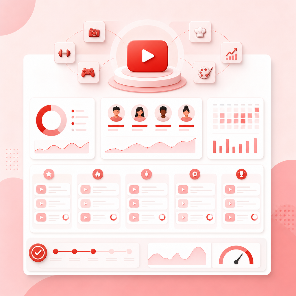 Dashboard illustration showing niche topic clusters and audience focus cards.