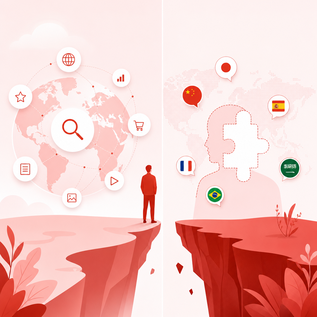 Illustration showing global vs localized content gaps for non-English YouTube creators.
