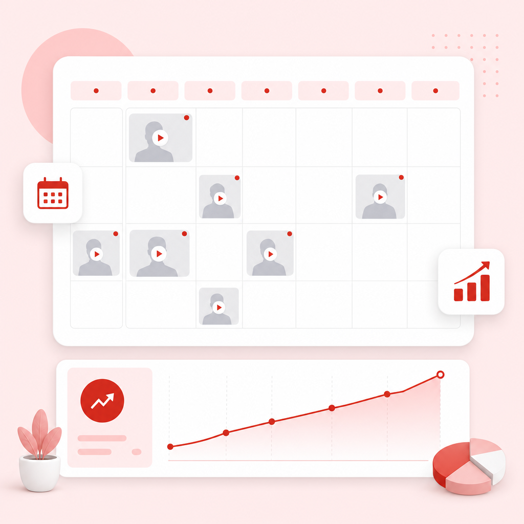 Illustration of a video content calendar with a week plan and a rising growth chart in the Gaptube style.