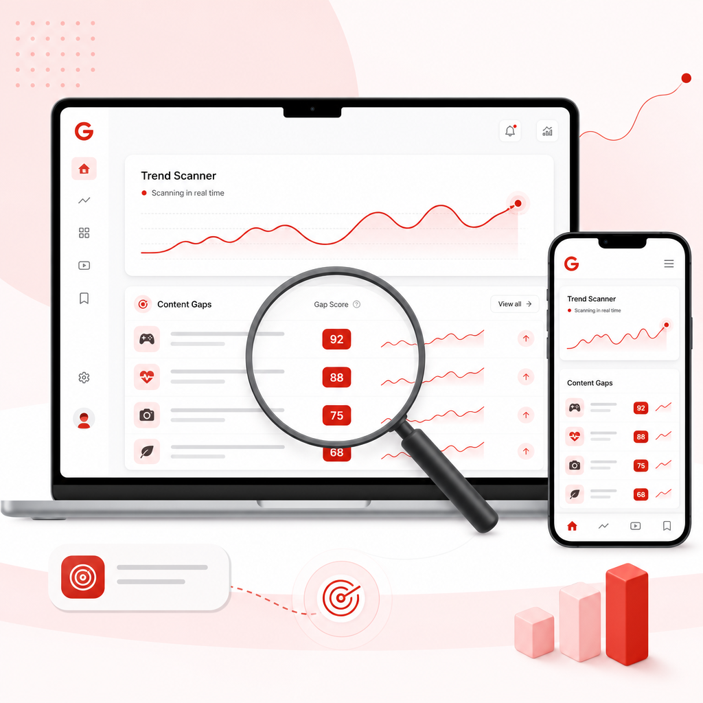 Illustration showing GapTube.ai scanning real-time trends to highlight content gaps for new YouTube video ideas.