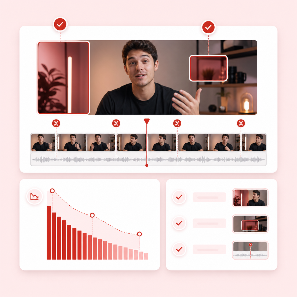 Illustration of a video editor timeline showing retention and checklist-style editing consistency.