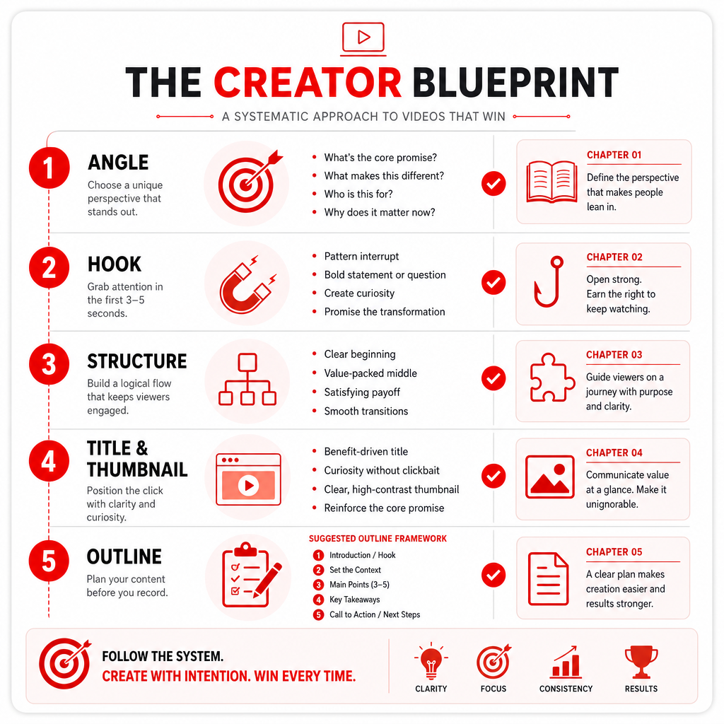 Illustration of a numbered creator blueprint for turning an idea into a YouTube video plan.