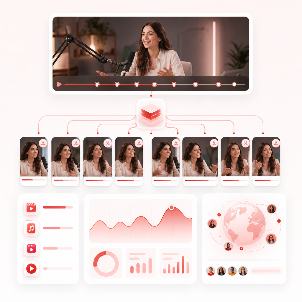 Abstract dashboard illustration depicting one long stream timeline transforming into multiple short clip tiles.