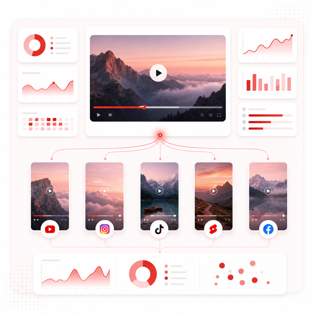Dashboard illustration showing one long video being transformed into multiple short clips.