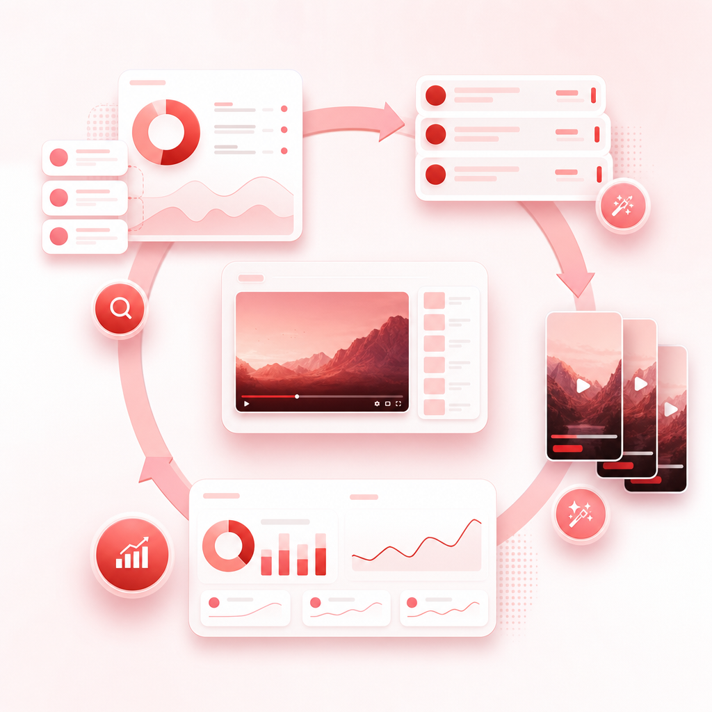 Workflow dashboard illustration showing topic gaps leading to long-form content, clips, and performance data.