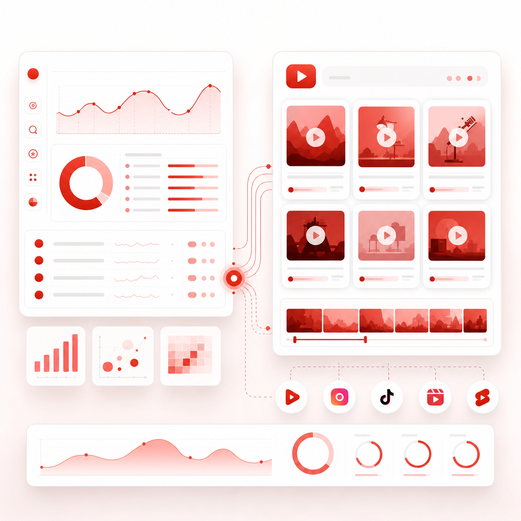 SaaS dashboard illustration connecting topic research with short-form clip repurposing.