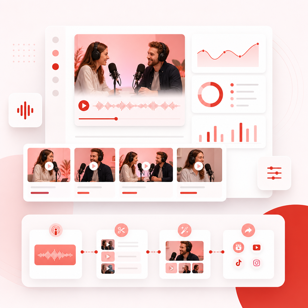 Abstract dashboard illustration representing a podcast-to-short-clips workflow for faster promotion.