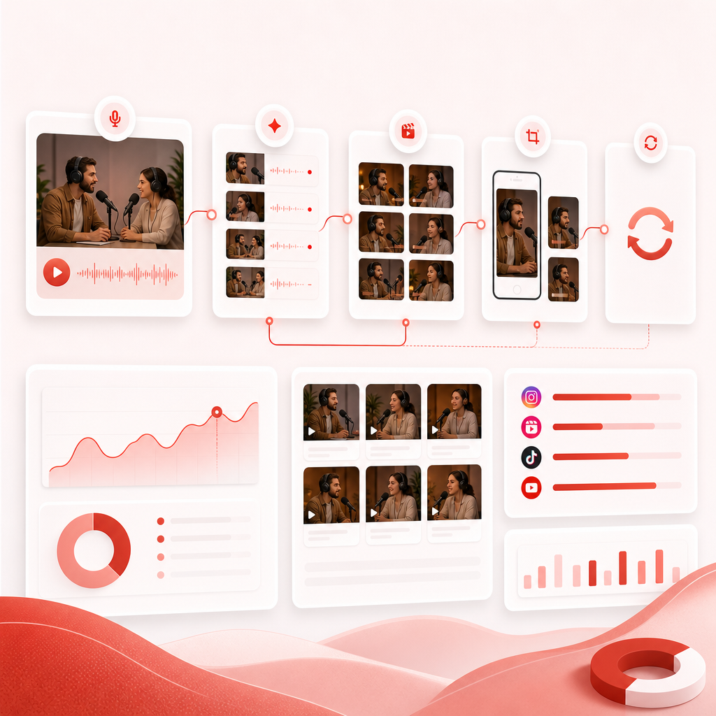 Clean workflow illustration showing steps for converting long-form podcast episodes into multiple short clips.