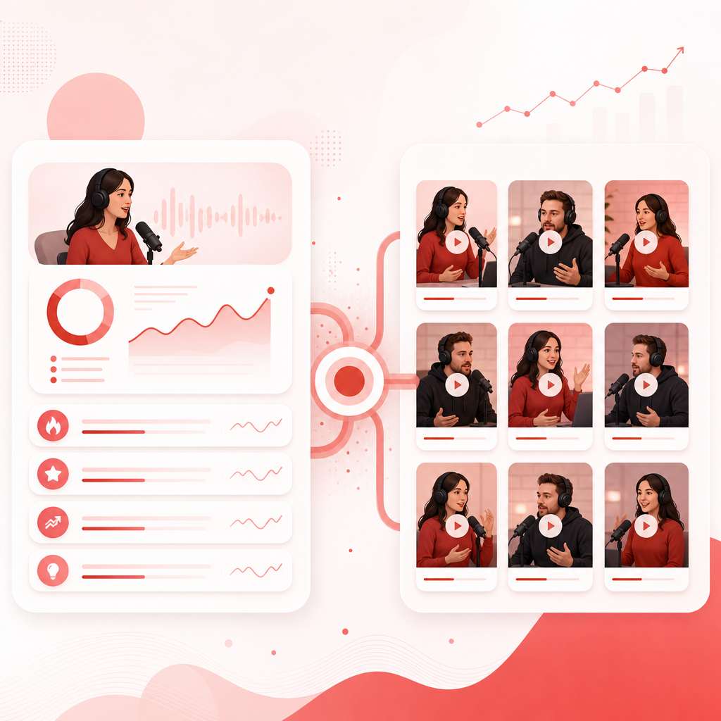 Abstract illustration representing connected topic discovery and clip multiplication workflows for repurposing episodes.