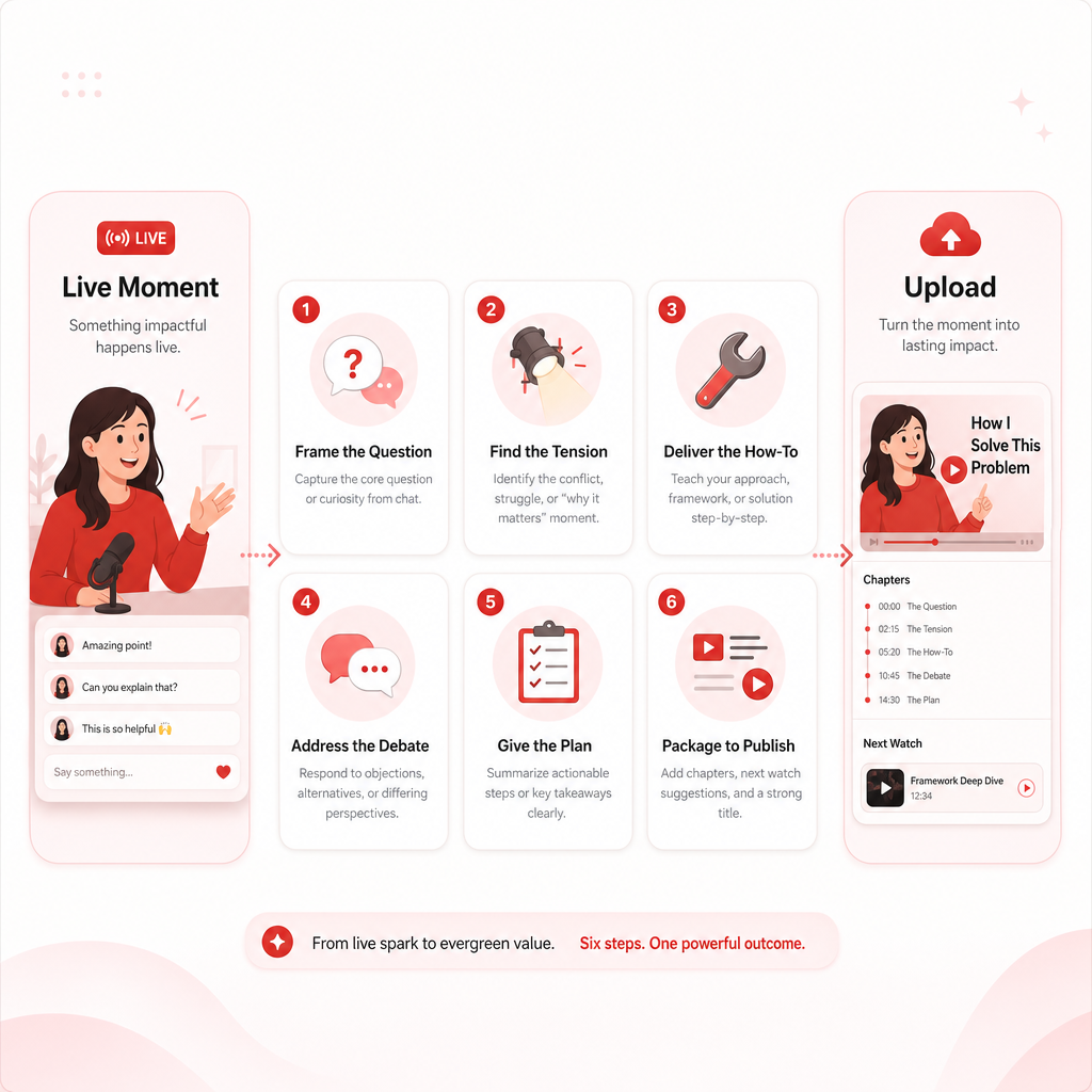 Illustration of a live-to-upload workflow with step tiles converting live moments into a complete, publish-ready plan.